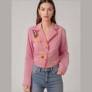 BETS by Canvasbacks Pink Floral Embroidered Cotton Lightweight Blazer Women Sz 8